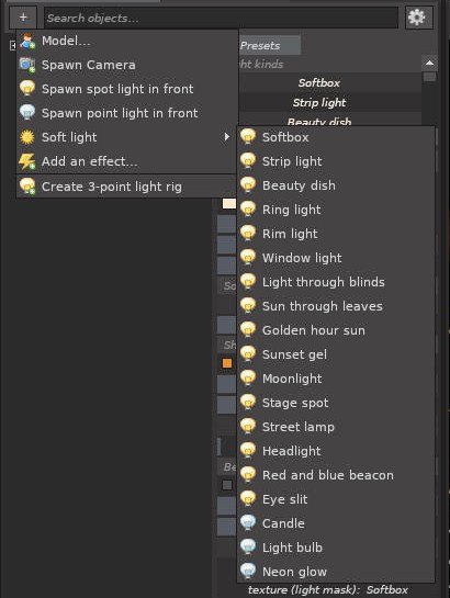 The + menu with Soft light kinds