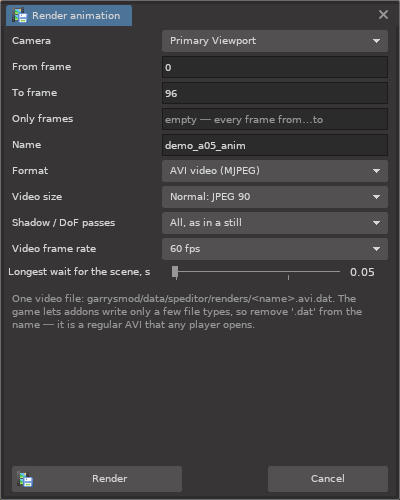 Render animation window, 60 fps
