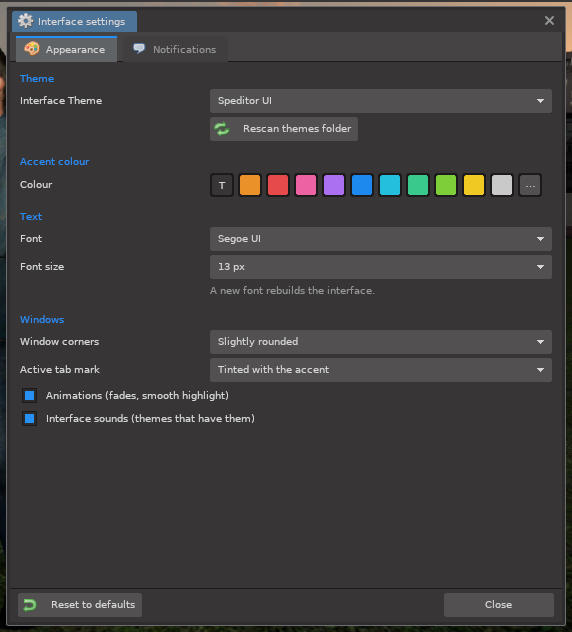 Interface settings, Appearance tab
