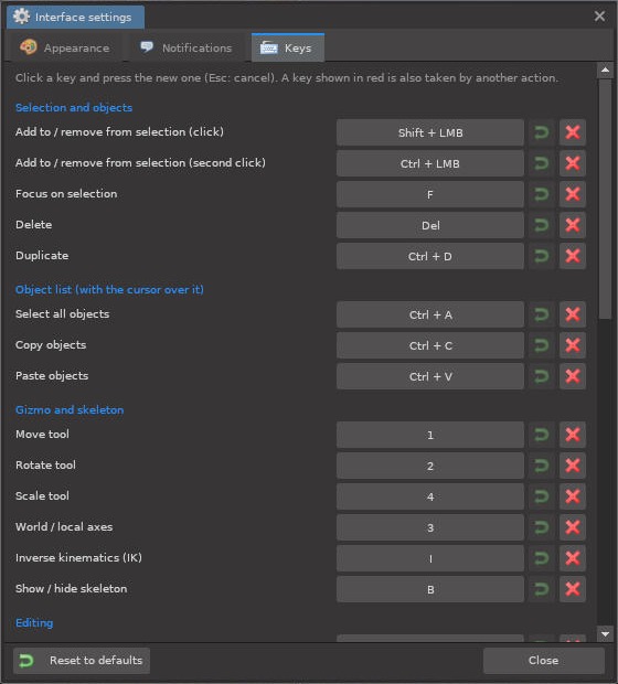 Interface settings, Keys tab